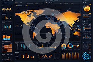 Global data visualization dashboard displaying statistics and analytics in dark