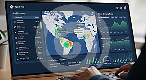 Global data visualization dashboard showing real time analytics and interactive world map interface