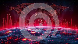 Global data visualization with red digital world map