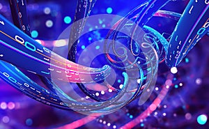 Global database. Network connections in cyberspace nano structures. Computer lines with open binary code