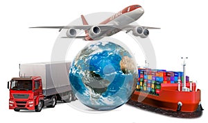 Global delivery concept. Air freight, cargo shipping  and worldwide freight transportation. 3D rendering