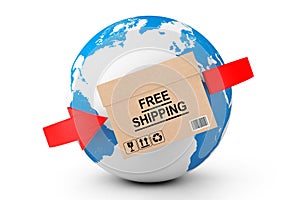 Global delivery. Free Shipping Cardboard Box with Earth Globe