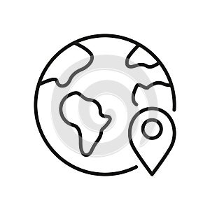 Global Delivery Line Icon. Planet Earth with Location Pin Linear Pictogram. International Shipping Outline Symbol