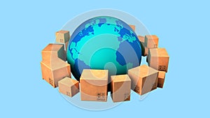 Global delivery. Worldwide shipment concept. Earth planet and boxes. Isolated on white. 3D-rendering.