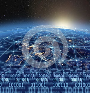 Global digital binary data flow technology concept