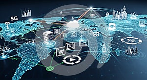 Global Digital Network and 5G Technology Concept with Cloud Computing over World Map