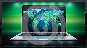 Global Digital Network on Laptop Screen, Worldwide Connectivity and Data Technology Concept