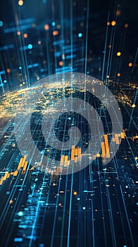 Global Digital Network with Stock Market Data Analysis Visuals
