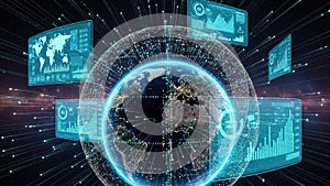 Global digital network visualization with glowing earth, data charts, and interconnected lines representing