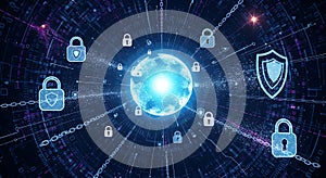Global Digital Security Network with Padlocks and Shield