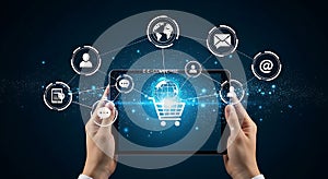 Global E-Commerce Network on Digital Tablet Screen