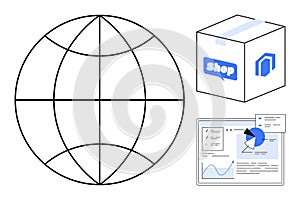 Global e-commerce network with shipping packages and data analysis dashboard