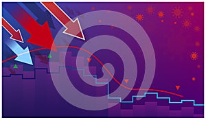 The global economic crisis during coronavirus. Graph of falling stock prices, currency fluctuations. Red and light blue arrows hea