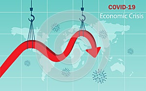 Global economic crisis and recession due to Covid-19 pandemic. Constrution crane unable to hold declined economic graph fell to a