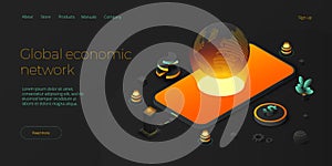 Global economic network in isometric vector illustration. World economy or global financial map concept. International business.