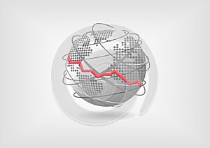 Global economic recession concept as illustration. Declining world economy represented by globe and world map