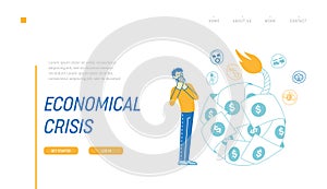 Global Economics Crisis due to Coronavirus Pandemic Landing Page Template. Male Character Stand at Huge Bomb