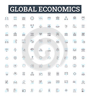 Global economics vector line icons set. Globalisation, Economics, International, Trade, Finance, Market, Development