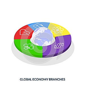 Global economy branches. Isometric illustration on white background