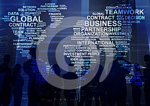 Global economy. Collage with world map composed of business related words, people silhouettes and high rise buildings