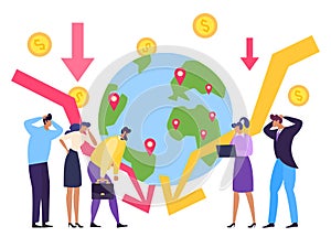 Global economy crisis, currency collapse concept vector illustration. Falling chart global economy, planet with marked