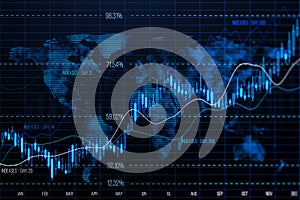 Global economy and forex exchange concept with digital growing candlestick and financial indicators on dark blue background with