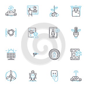 Global economy linear icons set. Interconnectedness, Trade, Exchange, Interdependence, Competition, Inflation, Growth