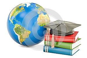 Global education concept, Earth with books and graduate cap. 3D