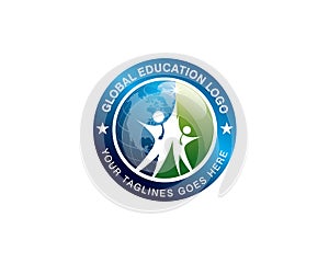 Global education logo with two student jumping in front of globe