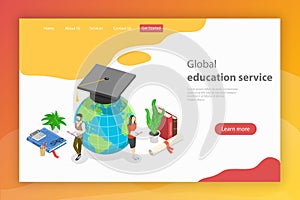 Global education service. Isometric flat vector concept.