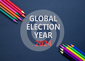 Global election year 2024 symbol. Concept words Global election year 2024 on beautiful black paper. Beautiful black background.