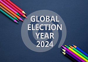 Global election year 2024 symbol. Concept words Global election year 2024 on beautiful black paper. Beautiful black background.