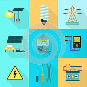 Global electric energy icon set, flat style