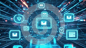 Global email network, data flow, digital communication, technology background