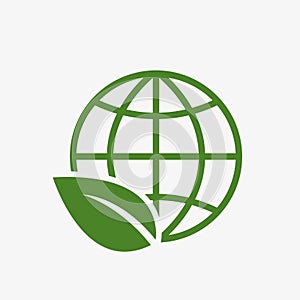 Global environment icon. environmental and eco symbol. leaf and globe earth. vector green color image