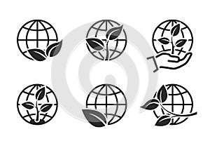 Global environment icon set. environmentally friendly and eco symbols. sprout with leaves and earth globe