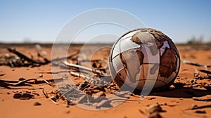 Global environmental crisis. Deflated ball in form of Earth globe on the abandoned on dry, cracked desert desert soil