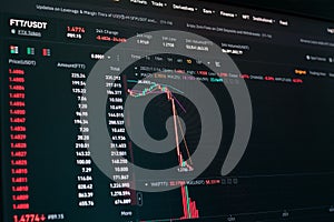 Global fall of cryptocurrency graph - FTT token fell down on the chart crypto exchanges on app screen. FTX exchange bankruptcy and