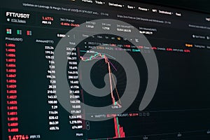 Global fall of cryptocurrency graph - FTT token fell down on the chart crypto exchanges on app screen. FTX exchange bankruptcy and