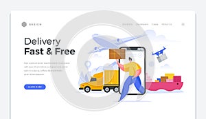 Global fast and free shipping home page template. High quality online logistics delivery goods around world.