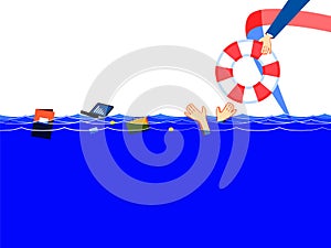Global finance crisis drowns unfortunate manager. Businessman drowning,ask to help, hopes to support. Cartoon concept