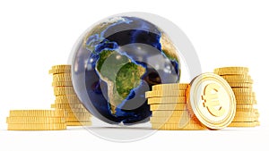 Global finance industry concept,  globe with stack of gold coins.