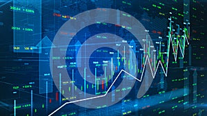 Global financial investment, Stock market up arrow, and candlestick on blue background. Financial data Information for Trading and