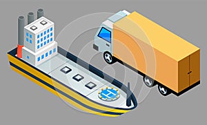 Global freight transportation. Flat design vector automobile cargo truck and a ship isolated