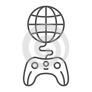 Global game thin line icon, play and world, globe with joystick sign, vector graphics, a linear pattern on a white