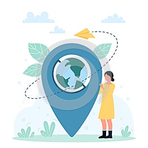 Global geo location on map of Earth globe, tiny woman standing with pin sign and planet