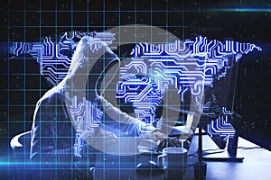 Global hacker attack concept with coding noface hacker and digital microchip world map at programming screen background