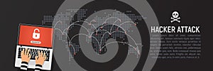 Global hacker attack world map vector illustration web banner rectangle template. World internet security in danger dark