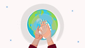 Global handwashing animation with hands and foam in earth planet