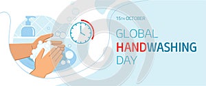 Global handwashing day - October 15th - horizontal banner template. Person washing hands in sink carefully with soap